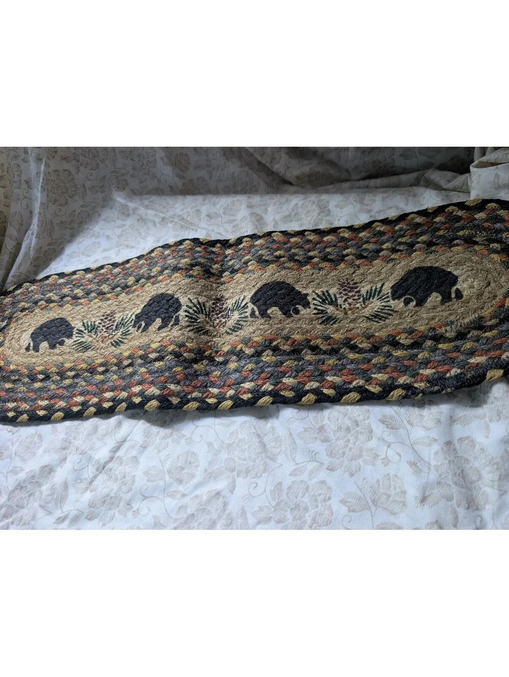 Handmade Braided Jute Table Runner with Black Bear Design